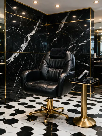 Schwarzer Barberstuhl mit goldenen Beschlägen auf Hexagon-Fliesen